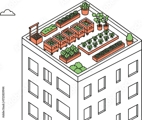 Urban Rooftop Garden with Planter Boxes, Potted Plants, and Trellis Structure for Sustainable City Farming and Green Living Vector Design