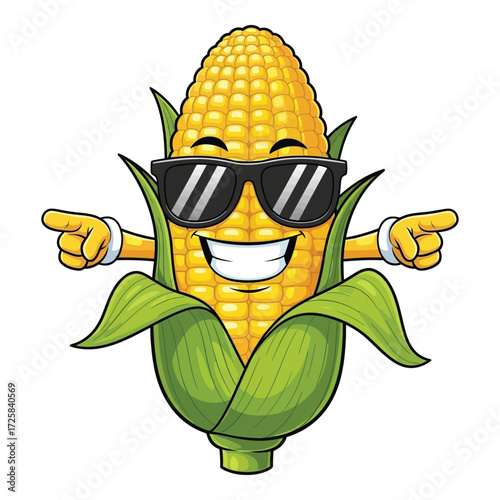 Cool cartoon corn cob character wearing sunglasses and pointing in fun style