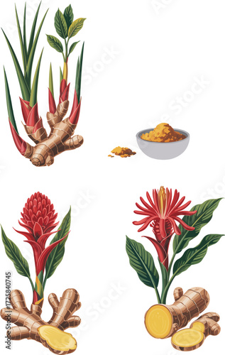 Ginger and turmeric plant illustration, herbal root drawing, spice rhizome sketch, organic food design, medicinal herb vector, botanical art template