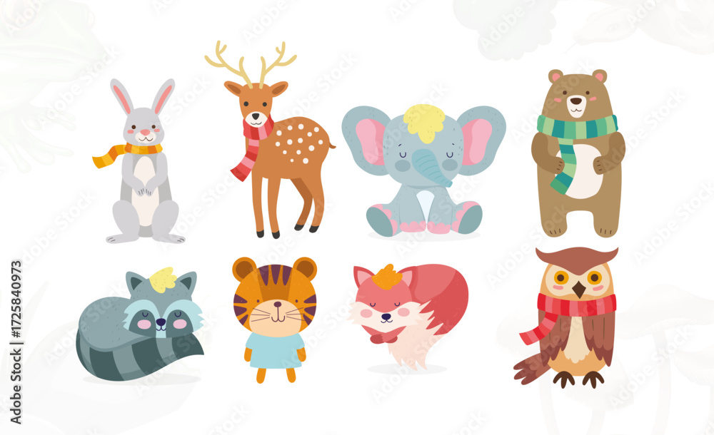 Naklejka premium Adorable forest creatures and decorative elements illustration