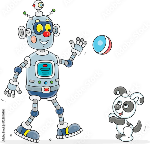 Funny toy robot walking and playing with a cute small puppy, vector cartoon illustration on a white background