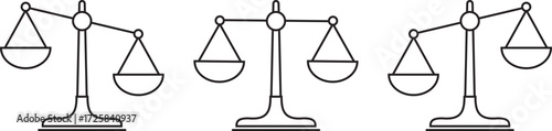 Scales of justice outline icon set. Minimalist black silhouette of balance scale representing justice, fairness, equilibrium and libra concepts. Law and legal icon isolated on transparent background.