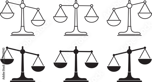 Scales of justice vector icon set. Minimalist black silhouette of a balance scale representing justice, fairness, equilibrium and libra concepts. Law and legal icon isolated on transparent background.
