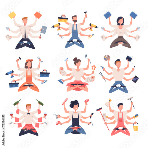 Multitasking People Character with Many Hands Vector Set