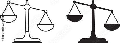 Scales of justice vector icon set. Minimalist black silhouette of a balance scale representing justice, fairness, equilibrium and libra concepts. Law and legal icon isolated on transparent background.