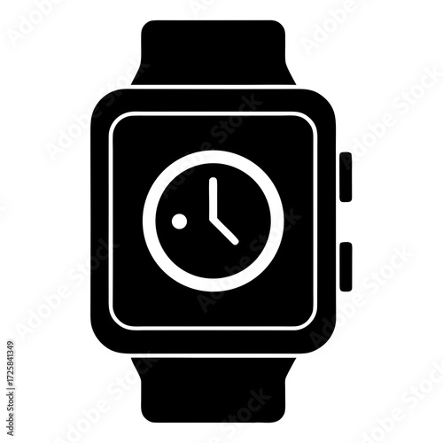 Black and white simple icon of a modern smartwatch displaying a clock face