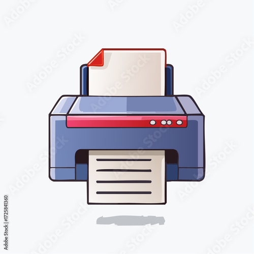 A stylized illustration of a blue and red printer with a sheet of paper in the input tray and a printed page emerging from the output slot.