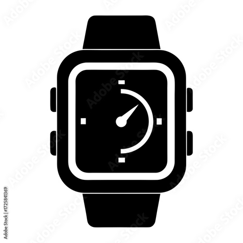 Black and white icon of a modern square smartwatch with a simple analog watch face