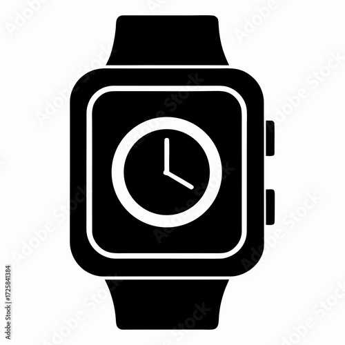 Black silhouette icon of a modern smartwatch displaying a clock face with hands