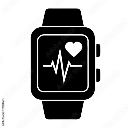 Black smartwatch displaying a white heart symbol and electrocardiogram waveform