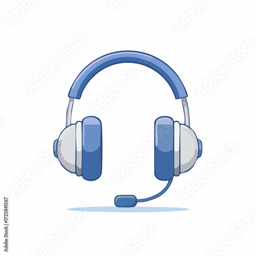 Illustration of blue and white headphones with a microphone.