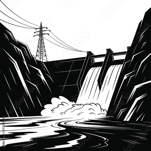 Hydroelectric power dam generating electricity with flowing water and transmission tower