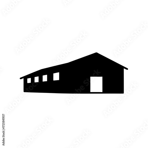 Black silhouette of a long building with windows and a door