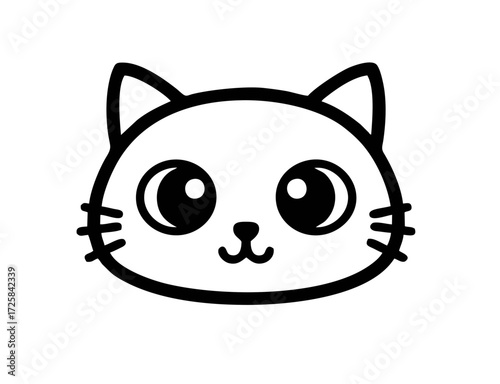 Vector isolated one single cute cartoon cat head muzzle portrait face icon logo symbol colorless black and white contour line easy drawing