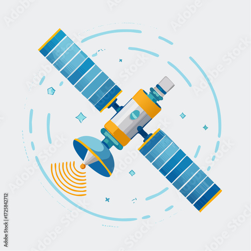 A detailed illustration of a satellite in orbit, emitting radio waves, surrounded by orbital paths and small star-like elements.
