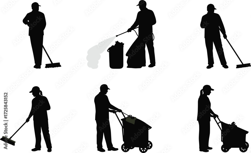 Obraz premium Cleaning worker silhouettes, janitor sweeping, sanitation crew, man with broom, woman cleaning floor, disinfecting service, garbage handling, hygiene maintenance, custodial staff, waste managemen