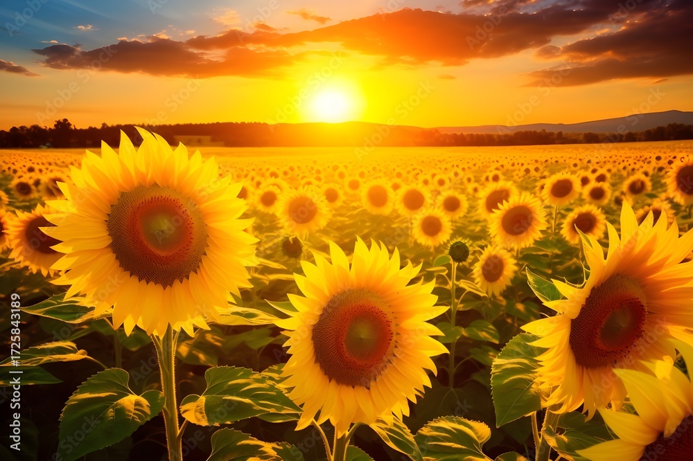 Fototapeta premium Breathtaking sunflower field in full bloom with golden petals facing the sun, vibrant summer landscape in 8k ultra high resolution, nature background and agricultural scenery