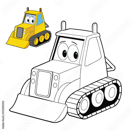 A cheerful yellow bulldozer on a coloring page, ready to push, dig, and build, perfect for kids to bring this hardworking construction machine to life with colors.
