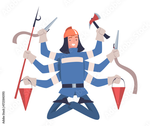 Multitasking Man Firefighter Character with Many Hands Vector Illustration