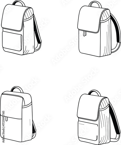 Backpack illustration set, school bag design, travel backpack icons, student rucksack sketch, black and white drawing, accessory collection, fashion outline