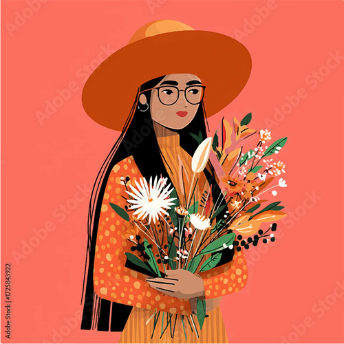 a vector illustration of a girl holding a bouquet of flowers.