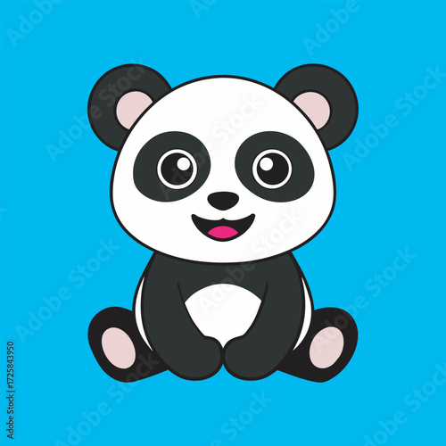 Charming panda bear cartoon sitting with a smile on a blue colored background
