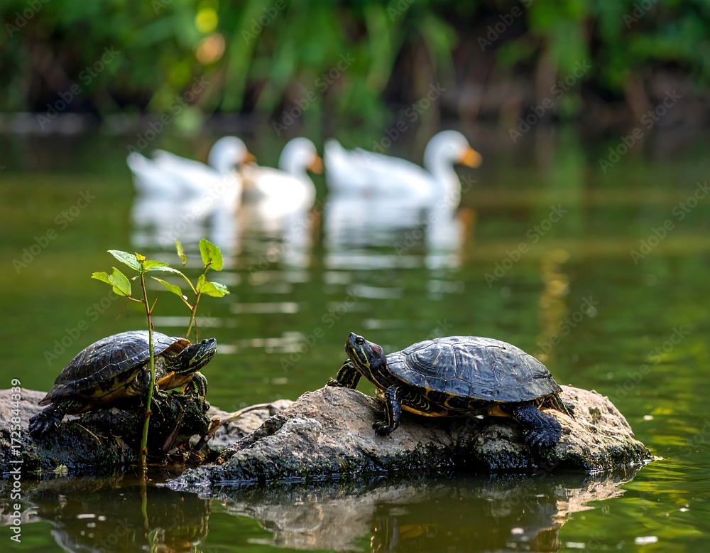 Obraz premium Two turtles bask on a rock in a pond, with white ducks visible in the background