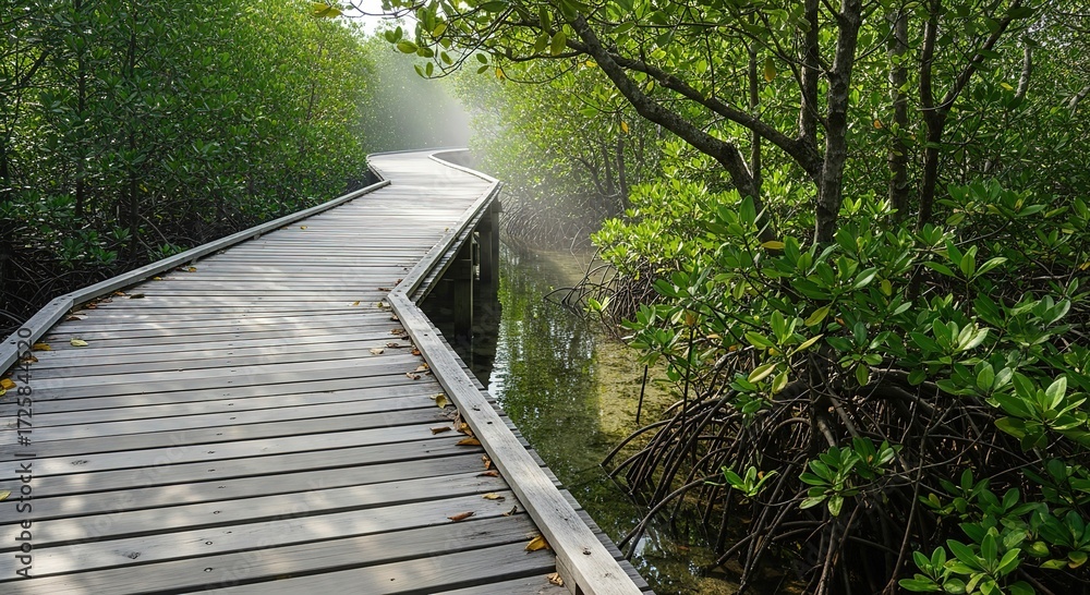Obraz premium Serene wooden boardwalk winds through lush green mangrove forest with shimmering water reflections
