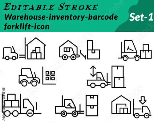 Warehouse inventory barcode forklift icon. character illustrated in a clean flat vector style.featuring a forklift truck carrying stacked boxes marked with barcode labels. Surrounding details shelves.