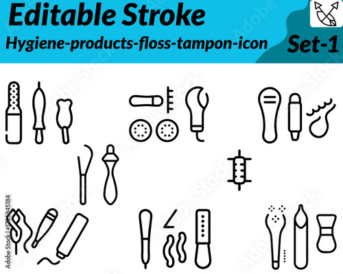Hygiene products floss tampon icon. character created in a clean, minimal flat vector style, showing dental floss container with thread. tampon with applicator, sanitary pad soap and hand sanitizer.