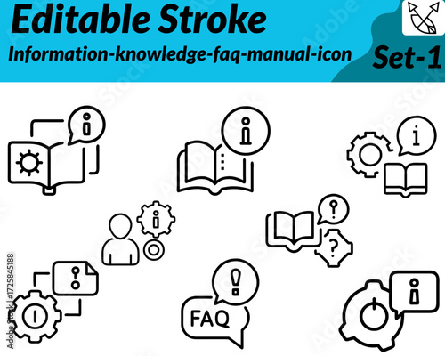 Information knowledge FAQ manual icon. character illustrated in a modern flat vector style, featuring an open book, info symbol light bulb, and FAQ speech bubble to represent guidance and support.