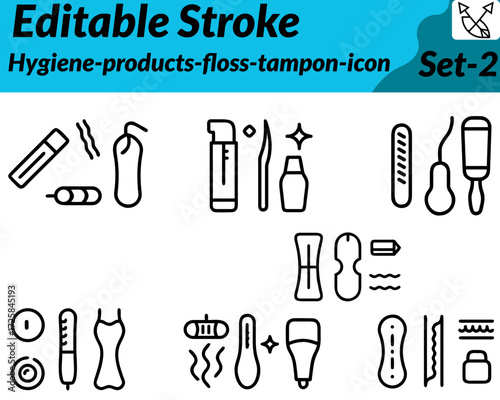 Hygiene products floss tampon icon. character created in a clean, minimal flat vector style, showing dental floss container with thread. tampon with applicator, sanitary pad soap and hand sanitizer.