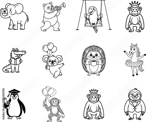 Collection of twelve cartoon animals in line art style for coloring illustration