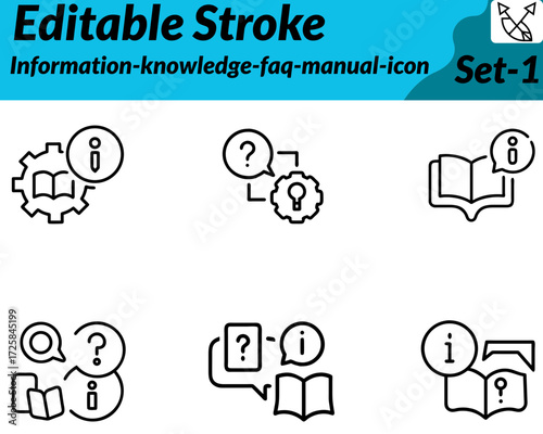 Information knowledge FAQ manual icon. character illustrated in a modern flat vector style, featuring an open book, info symbol light bulb, and FAQ speech bubble to represent guidance and support.