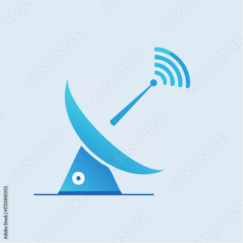 Illustration of a blue satellite dish with signal waves on a light blue background.