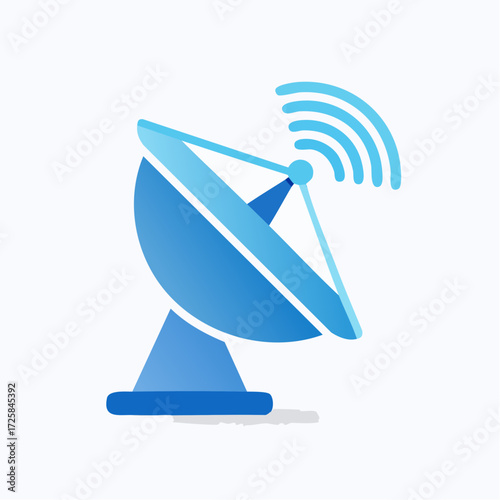 Blue satellite dish with signal waves on a white background.