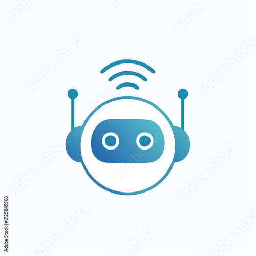 Modern blue gradient robot head icon with antennae and a wireless signal symbol on a white background.