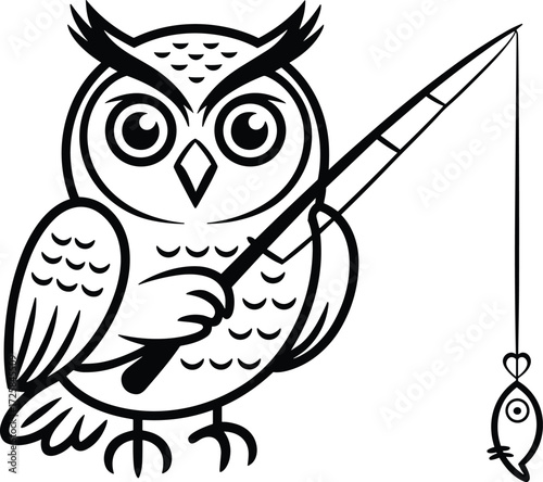 Cartoon owl holding fishing rod with fish on hook bird animal
