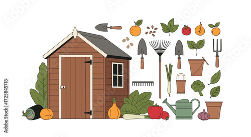 A charming garden shed surrounded by a variety of gardening tools and fresh produce.