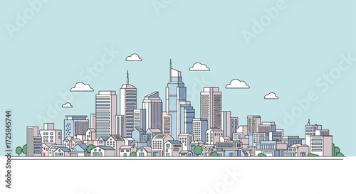 A vibrant and modern cityscape illustration with diverse buildings and fluffy clouds.