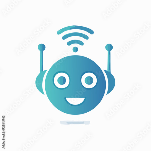 A cheerful, stylized illustration of a robot head with antennae and a wireless signal above.