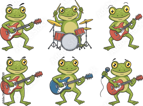 Cartoon frogs playing musical instruments, frog rock band illustration, whimsical animal musicians, vector art for music, fun concert scene