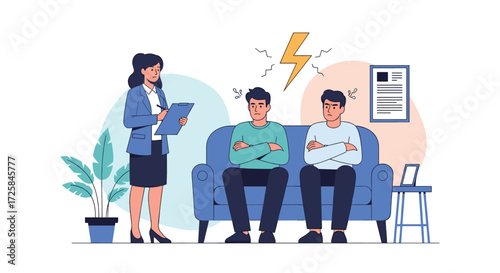 Couple therapy session with a distressed couple and therapist.
