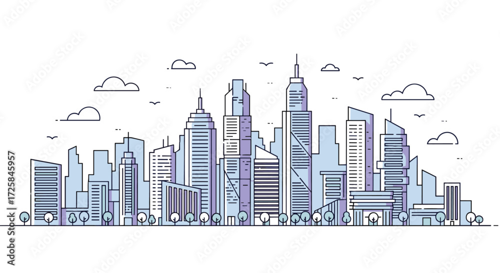 Naklejka premium A futuristic cityscape with modern skyscrapers and stylized buildings.