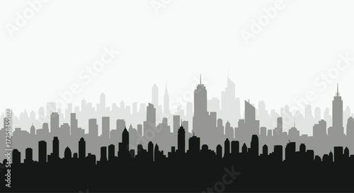 An abstract cityscape panorama in varying shades of grey.