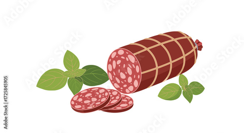 Italian salami with fresh basil leaves on a white background.