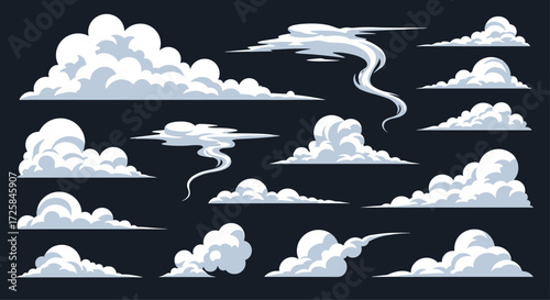 A collection of pixel art clouds in various formations and styles.