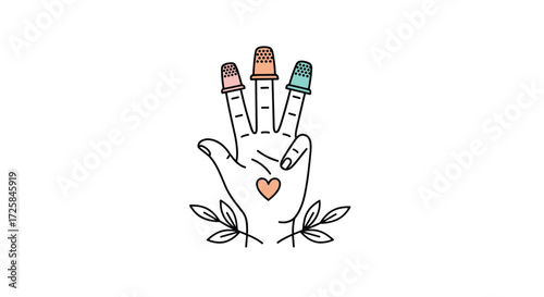 Three fingers with thimbles and a heart symbol.
