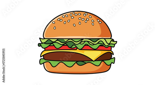 Delicious looking cartoon hamburger with lettuce tomato and cheese.