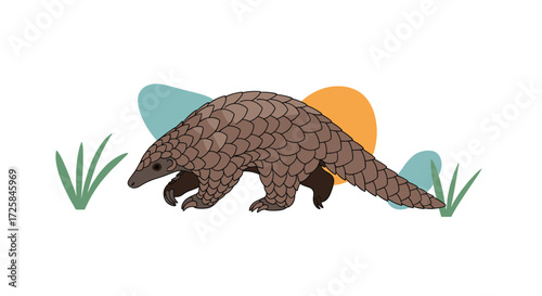 This adorable pangolin is walking in a field.